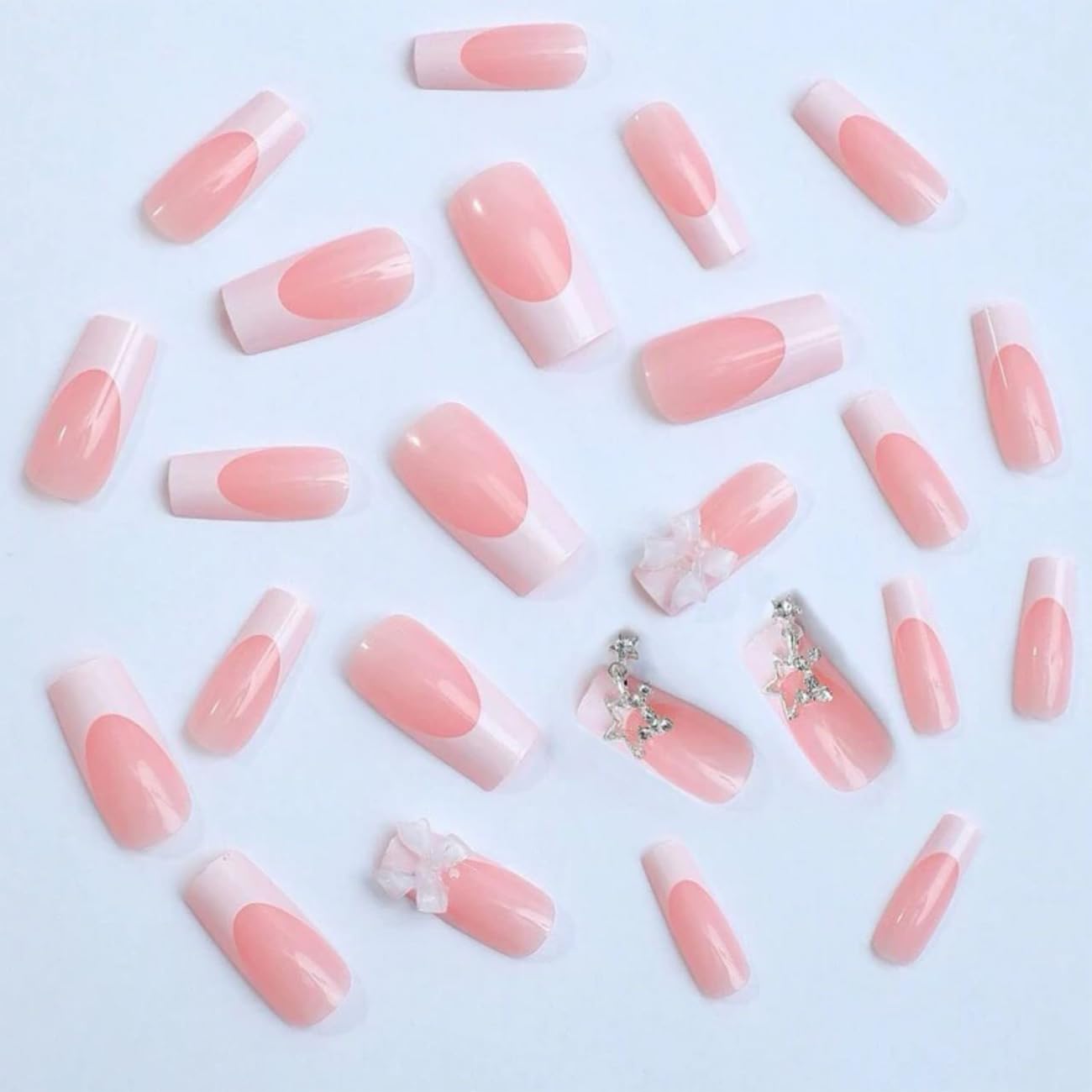 24pcs French Tip Press-On Nails - Short, Charms, Bow, Flower Design, Pink, Cute, Square Shape, Acrylic, Rhinestones