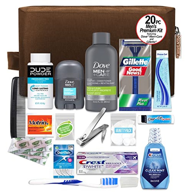 Convenience Kits International Men¡¯s Premium 20-Piece Kit with Travel Size TSA Compliant Essentials, Featuring: Dove Men & Care Products in Brown Dopp Bag