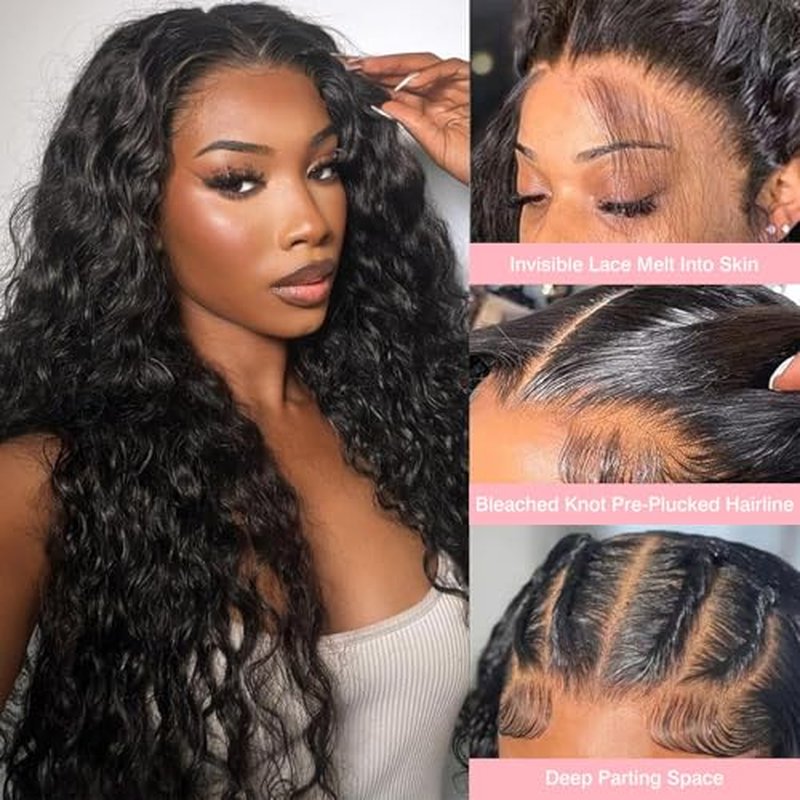 13x6 Deep Wave Lace Front Wigs Human Hair Wigs for Women 180% Density HD Transparent Deep Curly Lace Frontal Wigs Human Hair Pre Plucked with Baby Hair Natural Color 24 Inch