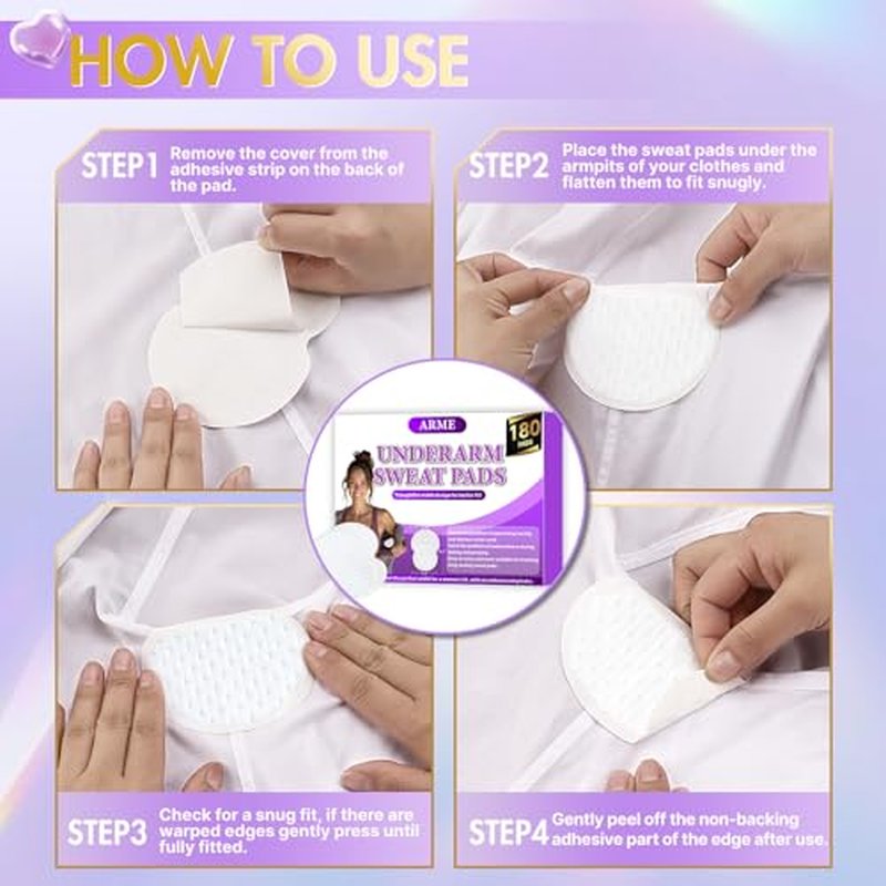 Arme 180 Pcs Armpit Sweat Pads, Underarm Sweat Pads for Women, Disposable Antiperspirant Sweat Pads for Under Arms, Arm Pit Sweat Guards, Invisible Sweat Free Armpit Protection for Hyperhidrosis