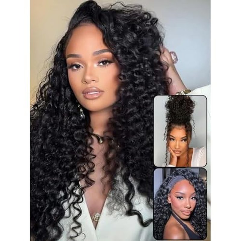 BGM GIRL Half Wig Human Hair Water Wave 3 in 1 Wigs Beginner Friendly Flip Over Drawstring Glueless Wig Ready to Go Seamless Clip in Wigs Natural Black Color 16 Inch