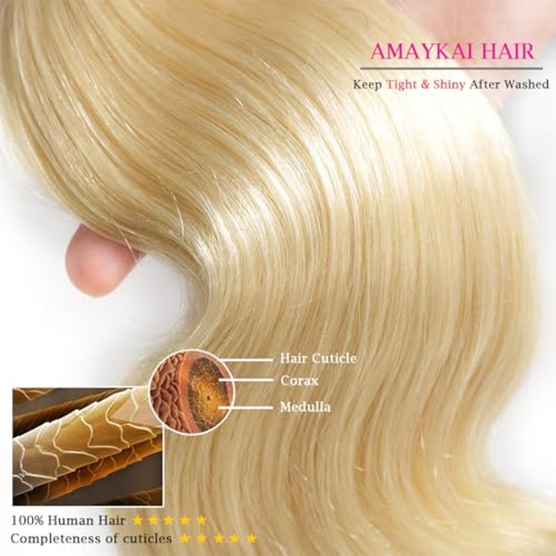 Blonde Human Hair Bundles Body Wave 613 Bundles with Closure (14 16 18+12 Inch) 100% Unprocessed 12A Grade Brazilian Virgin Remy Sew In Hair Extensions Silky and Soft No Tangle Multipurpose