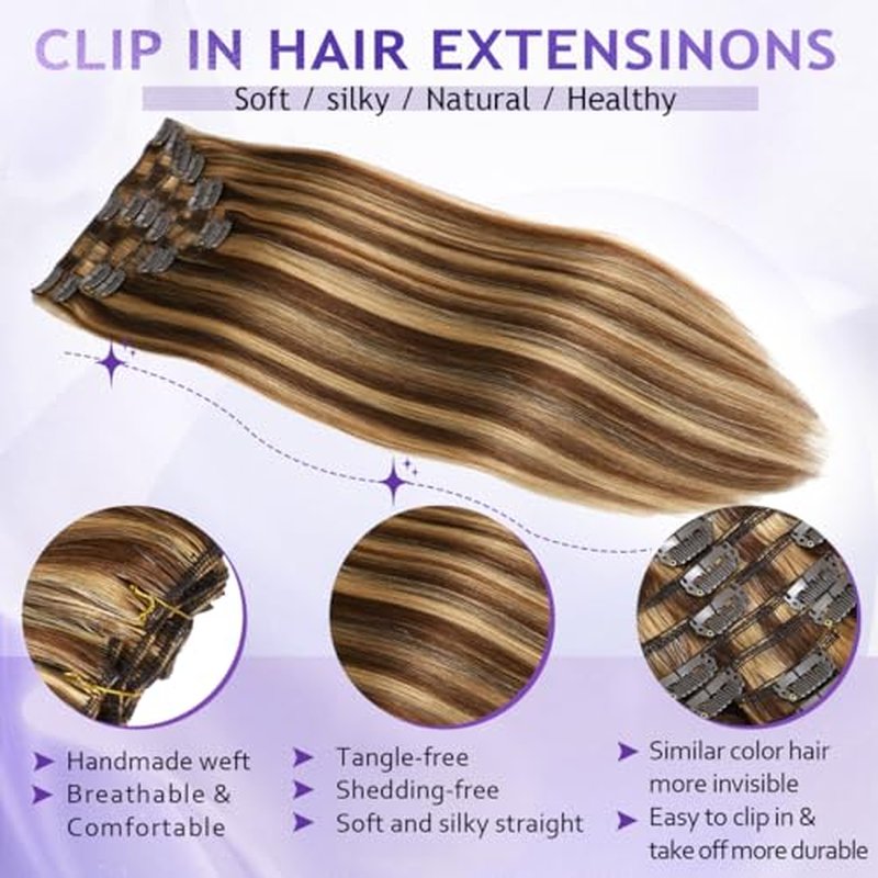 Clip in Hair Extensions Real Human Hair, 22inch 110g, 100% Brazilian Remy Human Hair Clip ins for Women, Double Weft Invisible 8pcs, #4/27 Chocolate Brown to Honey Blonde