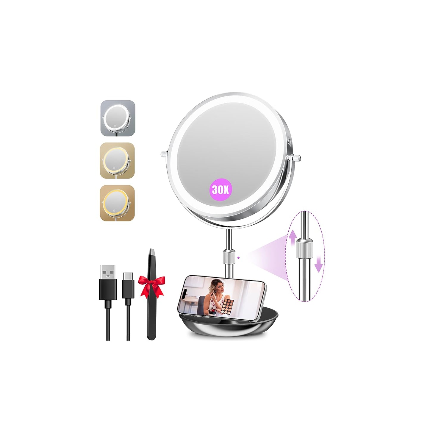 Auxmir 9" Large Lighted Makeup Mirror with Magnification, 1X/30X Double Sided Magnifying Mirror with Adjustable Height, Rechargeable Vanity Mirror with 3 Color Dimmable Lights, 360° Rotation