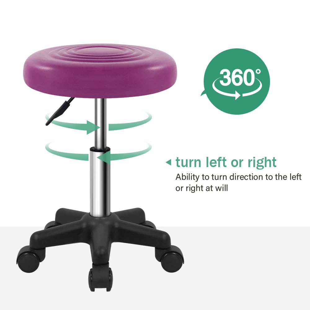 FURWOO Round Swivel PU Leahter Rolling Stool with Wheels Height Adjustable Chair for Spa Salon Massage Purple