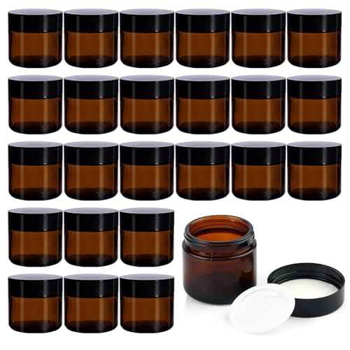 24 Pack 2 oz Round Amber Glass Cosmetic Jars with Inner Liners and Black Lids, Travel Jars, Refillable Containers for Makeup, Cream, Lotion, Sugar Scrubs, Eye Shadow, Slime, Paint, Jewelry