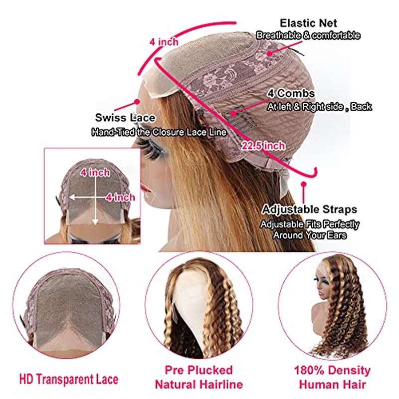 BLY Highlight Human Hair Lace Front Wigs Deep Wave #4/27 Ombre Colored Glueless Wigs Pre Plucked 20 Inch 4x4 Transparent Curly Water Wave Lace Wig Honey Blonde Real Human Hair 180% Density