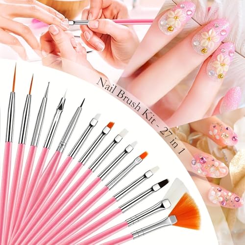 Nail Art Tools 27Pcs Set,Nail Art Brush,Resin Nail Art Palette,5 Pcs Nail Art Sculpture Pen,2-way Acrylic Silicone Engraving Pen Dotting Pen Tools Nail Art Kit for Nail Art DIY