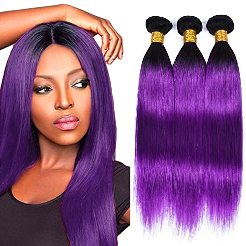Ombre Purple Straight Bundles Black To Purple Human Hair 3 Bundles Brazilian 100% Unprocessed Virgin Extensions Double Weft Bundle 10 12 14 Inch