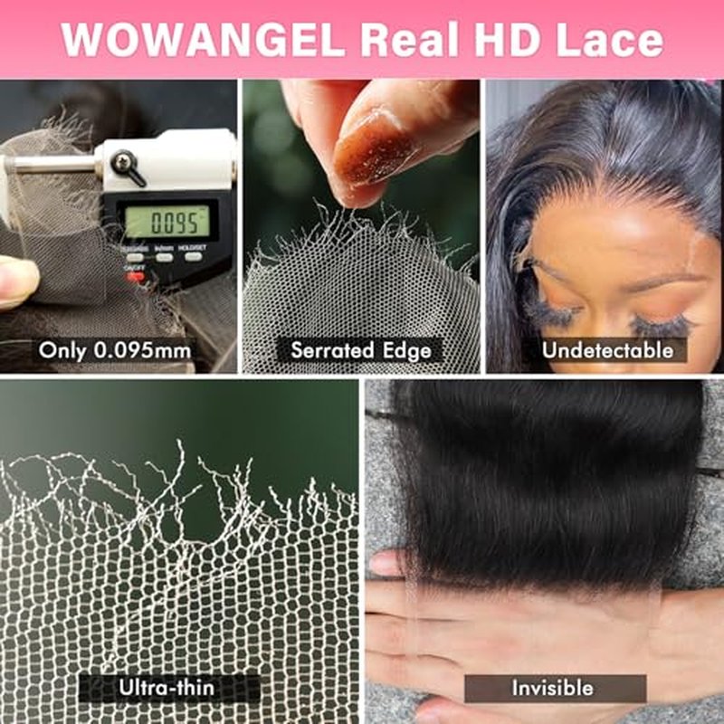 WOWANGEL 5x5 0.095mm Ultra-Thin Skinlike Real HD Lace Frontal & Closure,Straight Natural Hairstyles,Pre-Plucked Invisible Hairline,Unprocessed Virgin Human Hair,Invisible Knots HD Lace,18inch