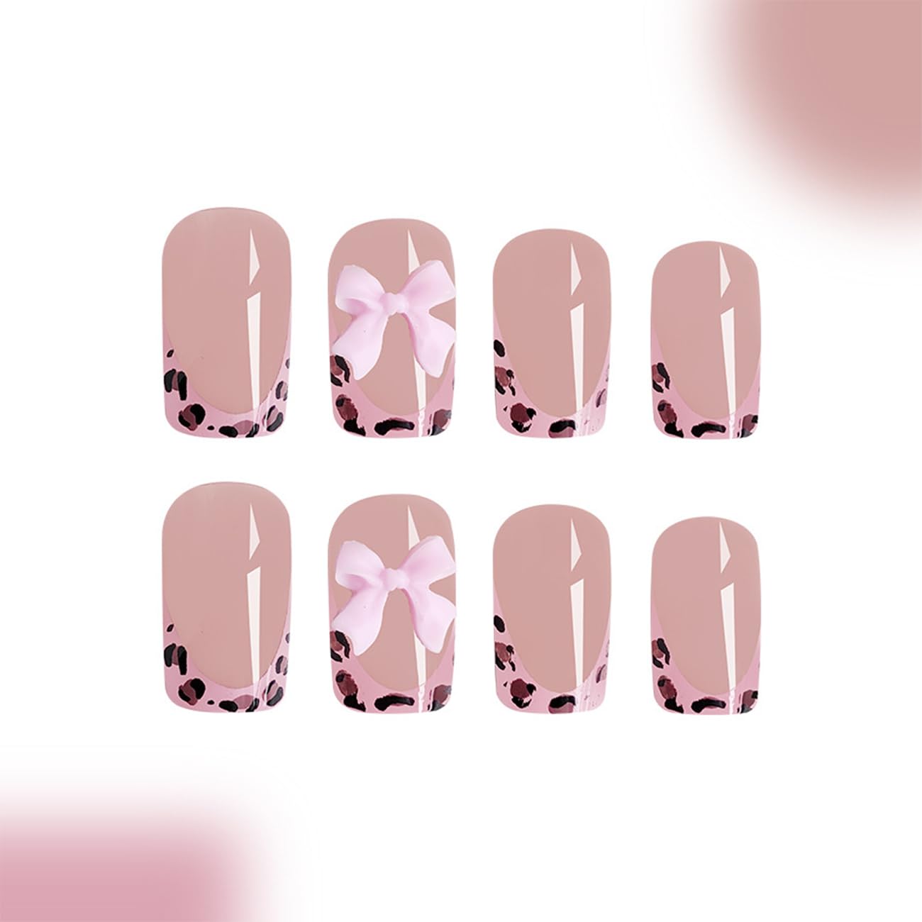 24pcs French Tip Press-On Nails - Short, Charms, Bow, Flower Design, Pink, Cute, Square Shape, Acrylic, Rhinestones