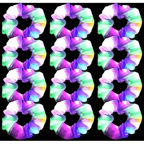 12PCS LED Hair Scrunchies Light Up White Scrunchies,Satin Ponytail Holder Glow in the Dark Hair Accessories Neon Rave Party Supplies