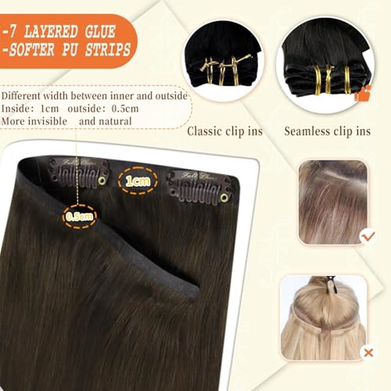 Full Shine Seamless Clip in Hair Extensions Human Hair Dark Brown Real Hair Clip in Extensions Straight Invisible Brazilian Hair Extensions Clip ins 20 Inch 120 Grams 8 Pcs