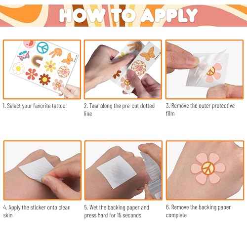 60PCS One Two Groovy 60s 70s Pre-Cut Temporary Tattoos for Kids Birthday Theme Party Supplies Decorations Favors Decor Super Cute Retro Hippie Rainbow Tattoo Stickers Gift for School Prizes Girls Boys