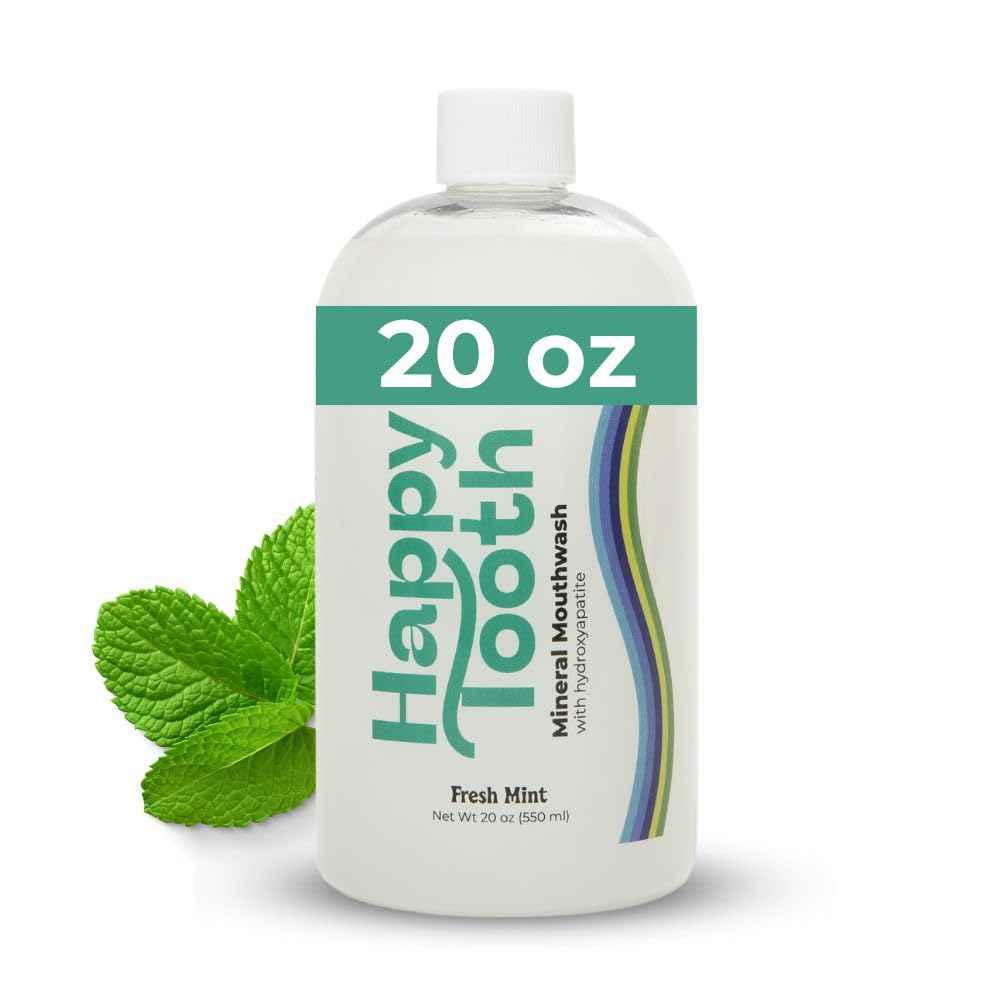 Happy Tooth Hydroxyapatite Mouthwash, Fluoride Free, Teeth Whitening, Remineralizing for Enamel Strength, Fresh Breath, Oral Microbiome Support, Dentist Formulated, Gentle Care, Fresh Mint, 20 Fl Oz