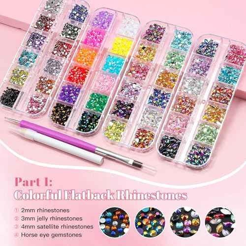 12 Boxes Nail Art Kit with Nail Charms, Gems, Rhinestones & Studs - Flatback Rhinestones, 3D Gold/Silver Charms, White Half Pearls, Pink Flower Charms, Star/Butterfly Sequins + 4 Tools for DIY Crafts