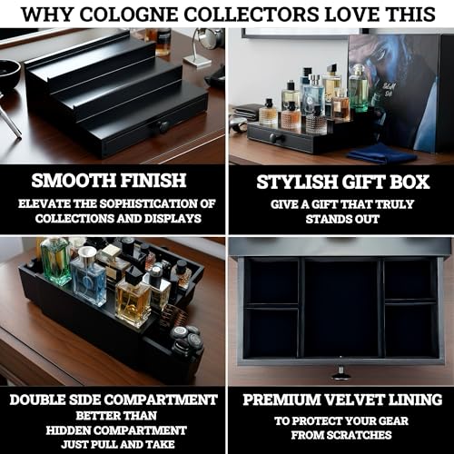 Classic Wooden Cologne Organizer for Men 3 Tier Black | High Grade Velvet Lining and Stylish Gift Box | Uncluttered Design Perfume Display Stand Gift Idea | SELUM