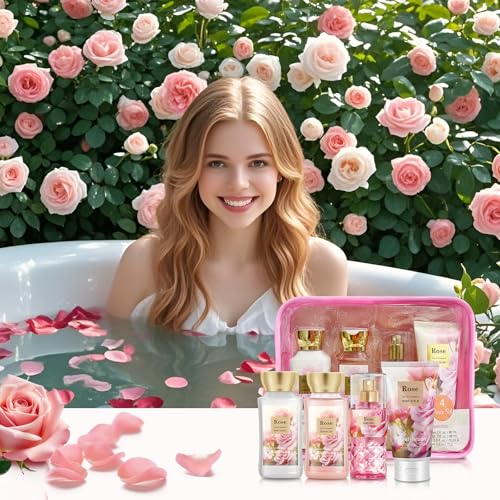 Rose Bath and Body Gift Set, 4-Piece Personal Care Collection, Shower Gel, Body Lotion, Body Mist, Exfoliating Scrub,Personal Portable Body Care Travel Set
