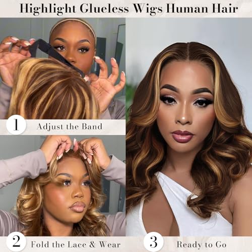 LuAiJa Ombre Brown Loose Wave Glueless Wigs Human Hair 9x6 Highlight Deep Wave Wear and Go Glueless Wigs Human Hair Pre Plucked Pre Cut 16 inch Blonde and Brown Lace Front Wig 200% Density
