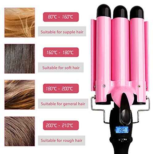 3-Barrel Curling Iron Ceramic Tourmaline Crimper with LCD Display & Dual Voltage Crimper Hair Tool for Women Beach Waves with Adjustable Temp (Pink)