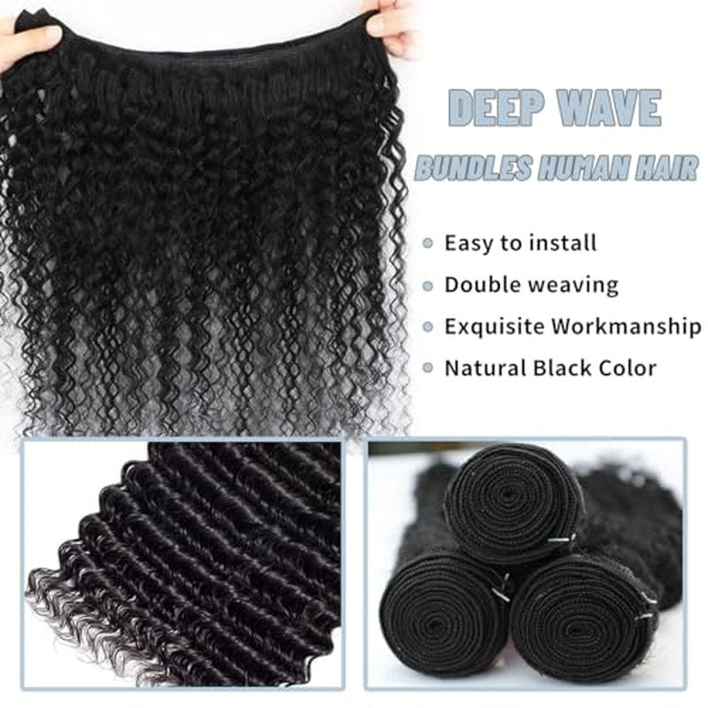 LICHANG 12A Deep Wave Bundles Human Hair 100% Unprocessed Brazilian Virgin Hair 3 Bundles Human Hair Curly Weave Real Hair Natural Black Color Bundles For Women 16 18 20 Inch