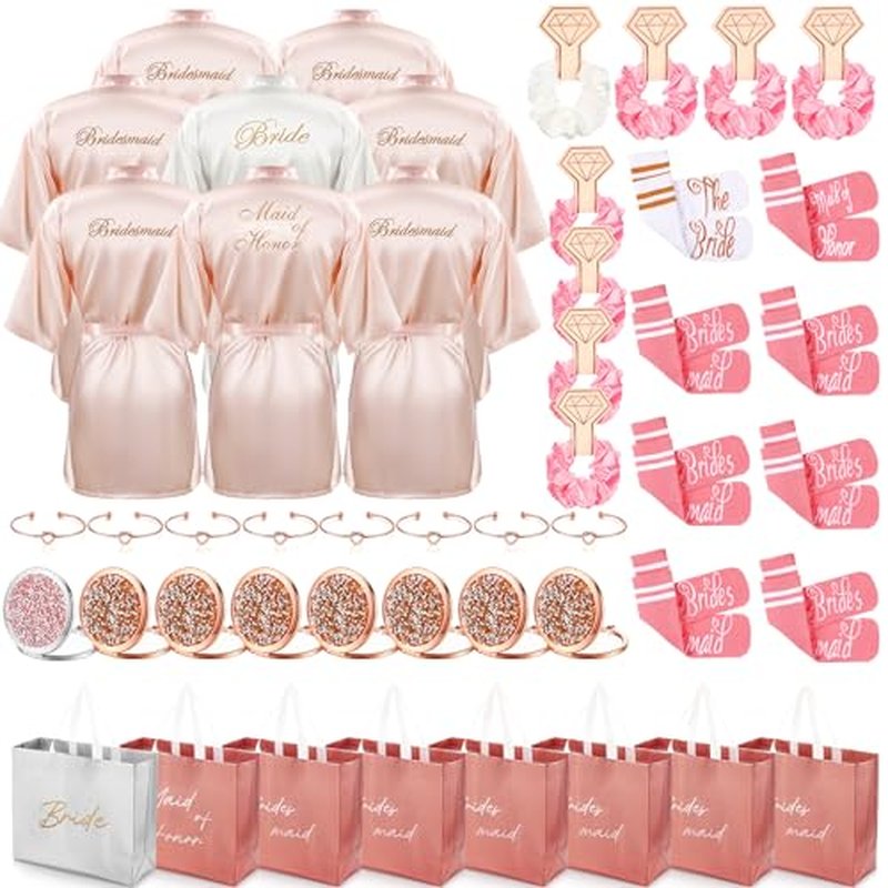 Toulite 48 Pcs Bridesmaid Robe Sets Silk Satin Bride Party Robes with Bachelorette Gift Handbags Knot Bracelets Hair Ties Rhinestone Mirrors and Socks for Bridesmaid Wedding Bachelorette Party