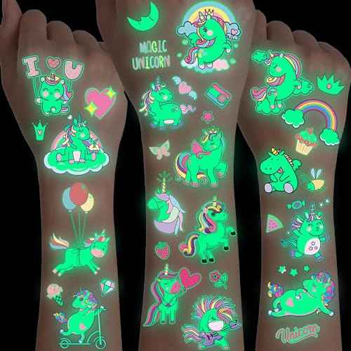 15 Sheets Unicorn Glow in The Dark Temporary Tattoos for Kids Girls Toddler Cute Fun Glitter Night Luminous Waterproof Fake Tattoo Sticker For Children Birthday Gifts Party Supplies Favor