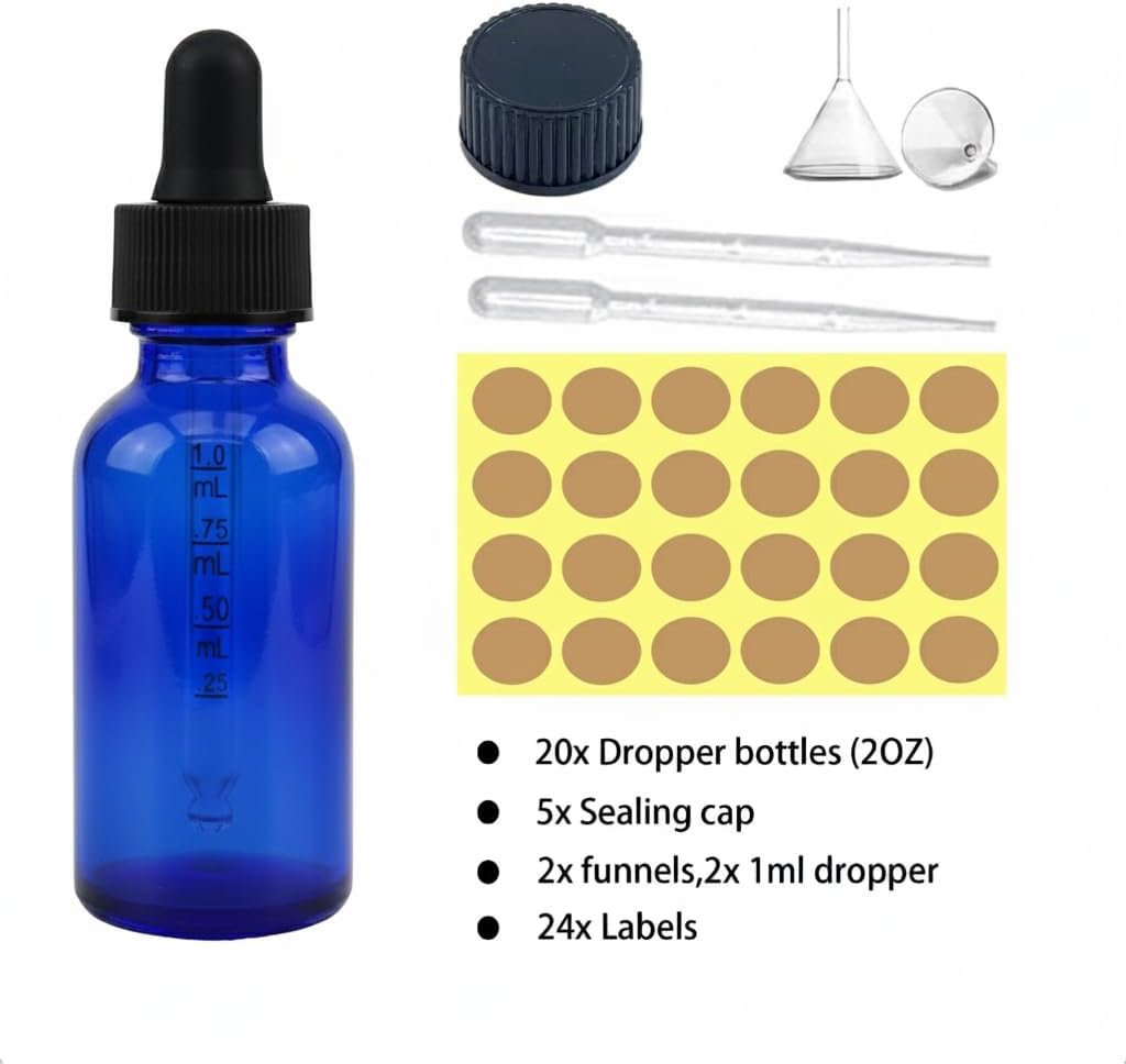 Cobalt Blue Dropper Bottles - 20 Pack 4 oz Measurement Dispensers for DIY Essential Oils, Hair Serums & Skincare | Refillable 120ml for Home & Travel