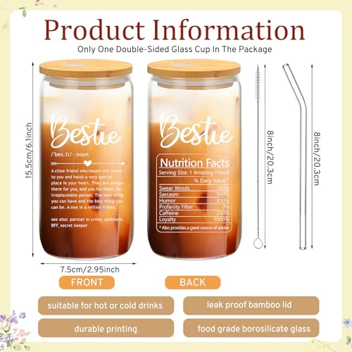 Tioncy 2 Pcs Bestie Birthday Gifts for Women BFF Friendship Gift Set Makeup Bag 17 oz Bestie Glass Cup with Lid and Straw for Women Sister