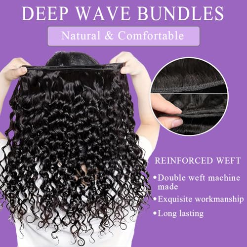Deep Wave Bundles Human Hair 26" 12A Brazilian Virgin Human Hair Single Bundle 100% Unprocessed Deep Wave Bundles Double Weft Deep Curly Weave for Black Women Natural Black Water Wave Bundle