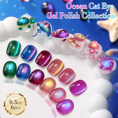 Double Rhythm Cat Eye Gel Nail Polish Set of 6 Same Color Same Bottle 0.5 Oz Shimmer Glitter with Magnet Holographic Reflective Magnetic UV Nail Polish Kit at Home (Glass Galaxy Green-T6-59)
