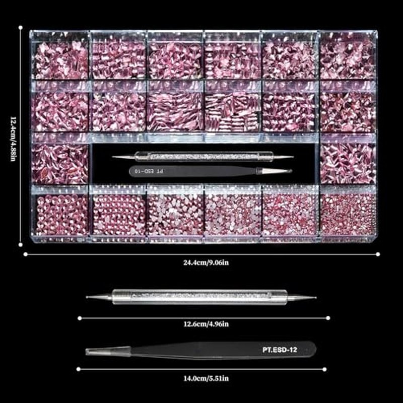 14 Types of 700 Pink Diamonds + 1500 Flat Rhinestones Mix 20 Styles Flatback DIY Crafts Rhinestone Crystals 3D Ornament?s Flat Back Stones Set + Tweezers + Drill Pen