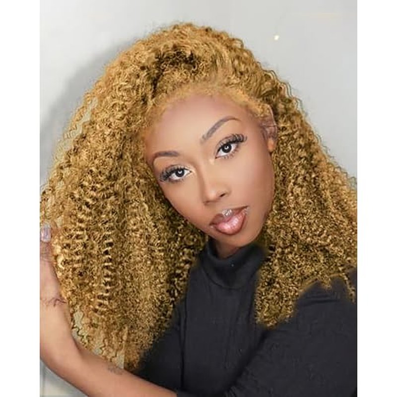 4C Edges HD Lace Front Wig Human Hair Honey Blonde Kinky Curly Wig, 13x4 Lace Frontal Kinkycurly Wigs with 4C Kinky Edges Hairline Pre-Plucked 180% Density 16 inch