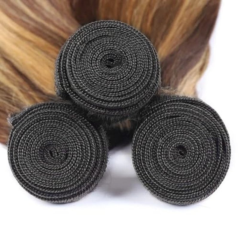 T1BP4/27 Human Hair Straight Bundles 26 28 30 inch Double Weft Brazilian Hair Extensions Ombre 3 Tone Dark Brown and Color 27 Honey Blonde Bundles for Women