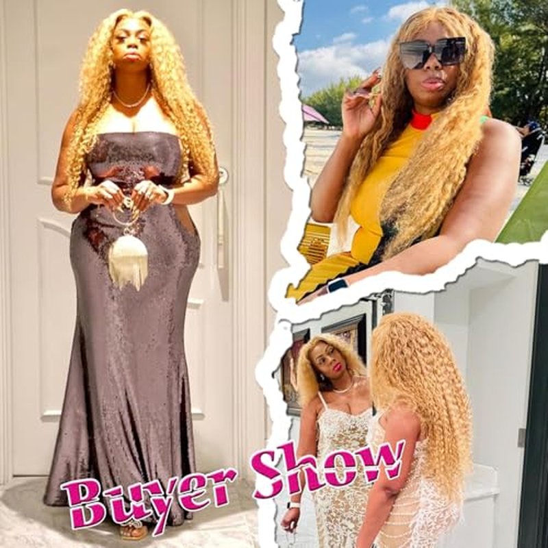 13X6 Honey Blonde Wig Human Hair 27#Color Deep Wave Lace Front Wig Human Hair Pre-Plucked Curly Blonde HD Lace Front Wig 180% Density For Women(starxiu)