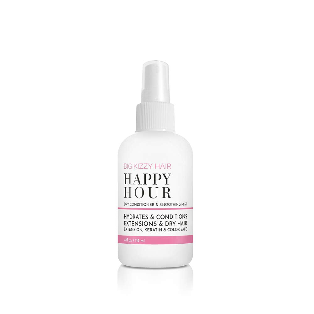 Big Kizzy Happy Hour Dry Conditioner Spray - Marula Oil adds Moisture + Shine to dry and damaged hair - Smoothing Spray removes Frizz on all Hair Types and Textures with No Residue, 4 oz