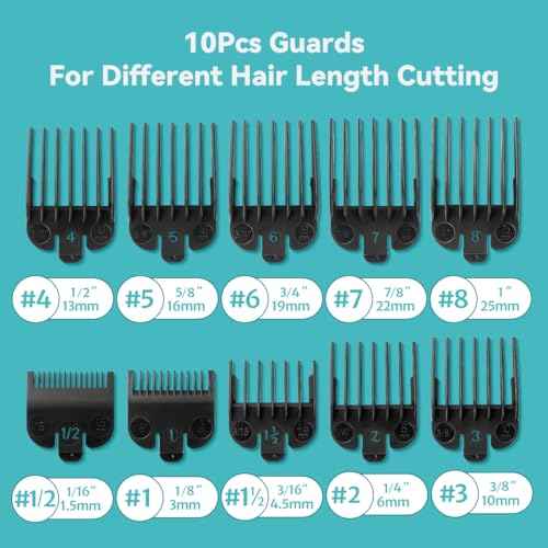 Clipper Guards Set Compatible with Wahl Clippers (Not for All Models), Clipper Guides Replacement - 1/16" to 1", 10 Piece Set, Black Color