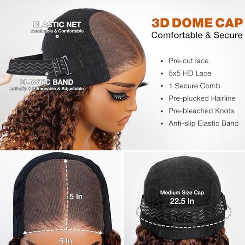 Highlight Glueless Wigs Human Hair Pre Plucked Pre Cut Ombre Honey Blonde Curly Lace Front Wig for Black Women 5x5 HD Lace Closure Wig for Beginners 180 Density
