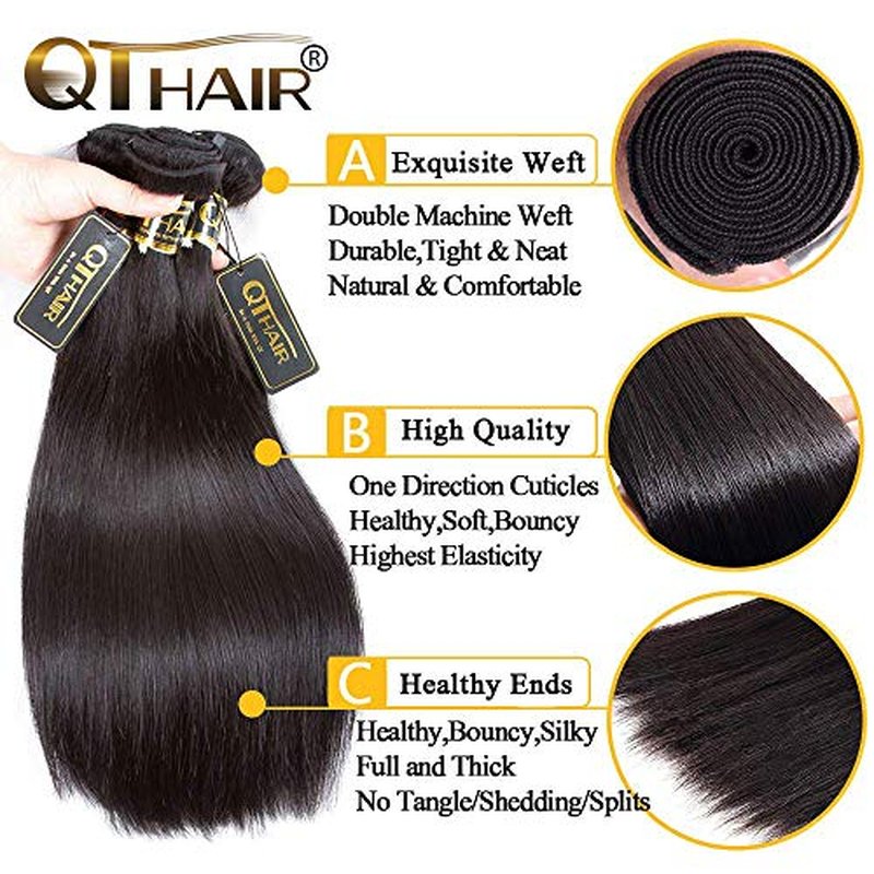 QTHAIR 16A Brazilian Virgin Straight Human Hair with Lace Closure (14/16/18+12 Inch, Natural Black) 100% Unprocessed Straight Brazilian Virgin Hair Weave with 4x4 Swiss Lace Closure