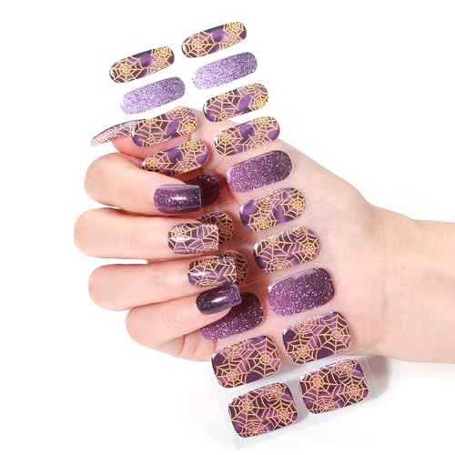 Halloween Semi Cured Gel Nail Stickers, 20 Pieces Of Uv Gel Nail Stickers, Suitable For Home, Festivals, Party Nail Art Diy (Purple spider web)