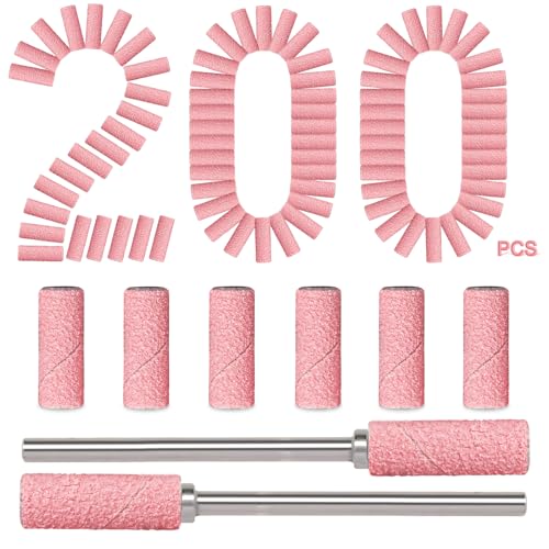 200pcs 180 Grit Small Sanding Bands for Nail Drill with 2pcs 3/32¡¯¡¯ Upgrade Mandrels Bits, Mini Sanding Bands for Nail Drill for Manicure Nail Salon and Nail Enthusiasts Use, Pink