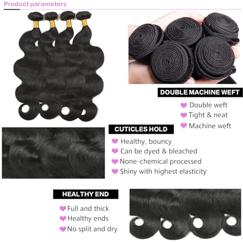 12A Human Hair Bundles 12 14 16 Inch Body Wave Bundles Human Hair 100% Unprocessed Brazilian Virgin Hair Body Wave 3 Bundles Deals Human Hair Extensions Quick Weave For Black Women Natural Black