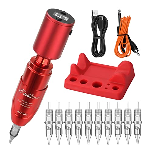 ATOMUS Tattoo Pen Machine Kit with Cordless Tattoo Power Supply Silicone Tattoo Machine Holder 3RL Cartridge Needles 1300mAh RCA Connector LCD Digital Rechargeable Power Supply Set