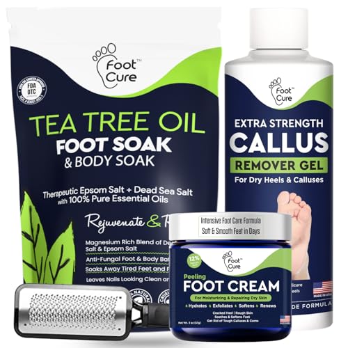 FOOT CURE Exfoliator & Callus Remover Pedicure Set ? Care Kit Includes File for Dead Skin, Tea Tree Oil Soak Salts, Urea Cream 40 Percent Removal Gel Made in USA, Ivory, 4 Piece