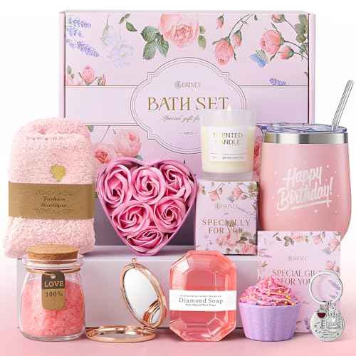 Briney 11Pcs Birthday Gift Baskets for Women, Pink Gift Basket Set, Birthday Themed Present Self Care Spa Bath Set Get Well Soon Package for Mom Wife Sister Friend, Pink
