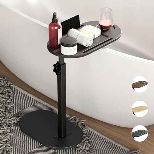 Bamboo Bathtub Tray Table with Adjustable Height, Freestanding Bathtub Caddy for Tub Against Wall, Tub Organizer Suitable for Luxury Spa and House Warming - Patent Protected (Black)