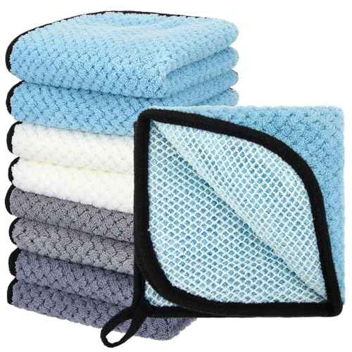 Juexica 8 Pcs Exfoliating Washcloth Men Wash Face Cloth Rustic Dual Sided Bath Washcloth 9.8 x 9.8'' Facial Scrubber Men Exfoliating Shower Towel for Body and Face (Waffle Pattern,Light Color Series)