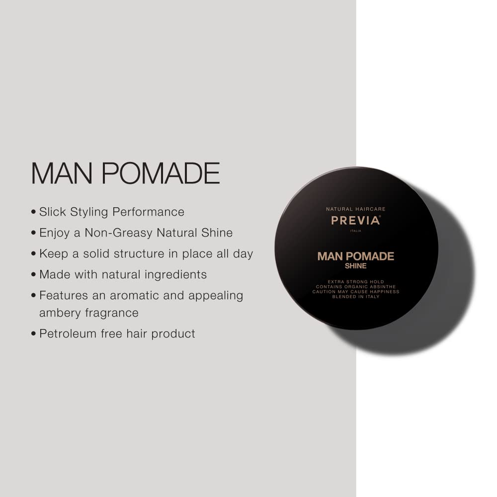PREVIA Man Pomade - Shine Styling Cream with Organic Absinthe Extract | Natural Hold for Textured Hairstyles, 3.38 oz