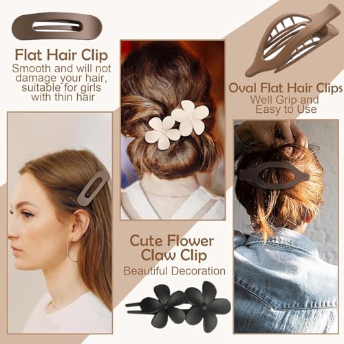 6 PCS Flat Hair Clips, French Lay Flat Claw Clips for Women Girls, 3 Styles Strong Hold Non-slip Matte Hair Claws for Thin Thick Hair(Navy&Brown)