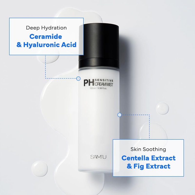 SAM'U PH Sensitive Cream Mist, Ceramide Face Mist, Hypoallergenic Facial Spray with Hyaluronic Acid & Centella, Hydrating & Quick Absorbing, Korean Skin Care for Dry & Sensitive Skin, 3.38 Fl. Oz